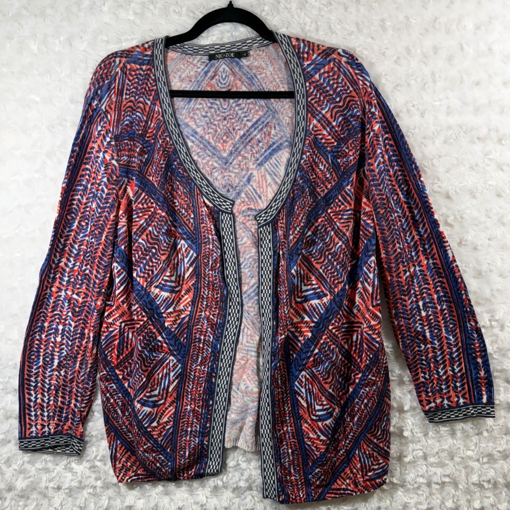 Nic+Zoe Womens XL Red Blue Geometric Ikat Linen Open Front Cardigan Sweater